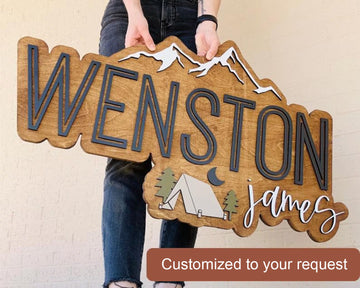 Mountains name sign, camping tent sign, large wood name sign, nursery name sign, outdoorsy nursery, layered baby name sign