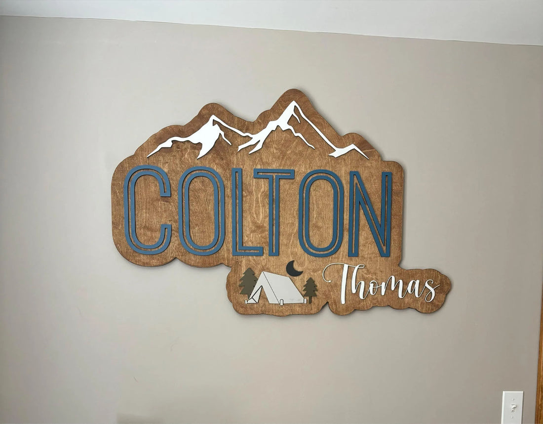 Mountains name sign, camping tent sign, large wood name sign, nursery name sign, outdoorsy nursery, layered baby name sign